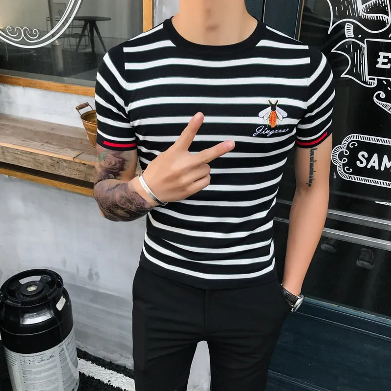 Men's Summer Knitted Striped Round Neck Slim Fit Streetwear T-Shirt