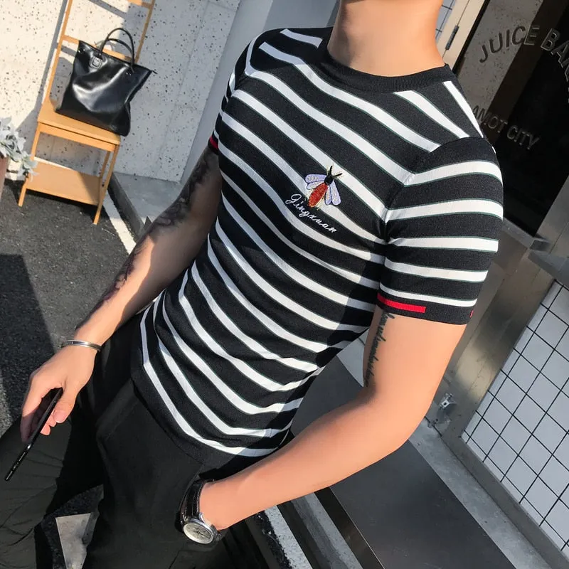 Men's Summer Knitted Striped Round Neck Slim Fit Streetwear T-Shirt