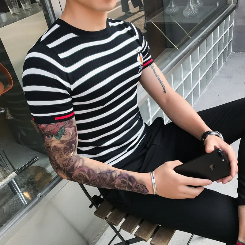 Men's Summer Knitted Striped Round Neck Slim Fit Streetwear T-Shirt