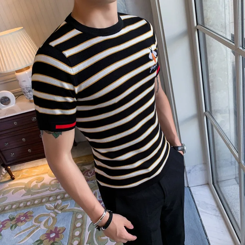 Men's Summer Knitted Striped Round Neck Slim Fit Streetwear T-Shirt