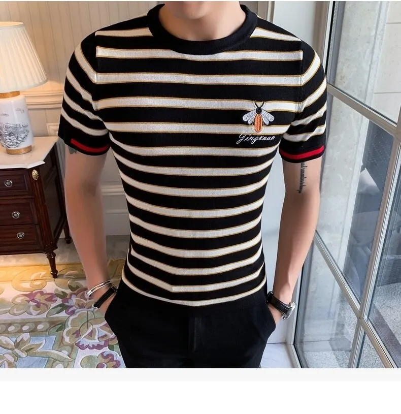 Men's Summer Knitted Striped Round Neck Slim Fit Streetwear T-Shirt