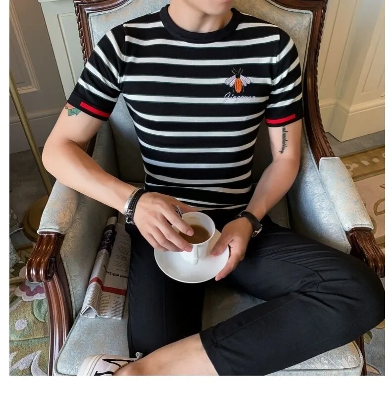 Men's Summer Knitted Striped Round Neck Slim Fit Streetwear T-Shirt