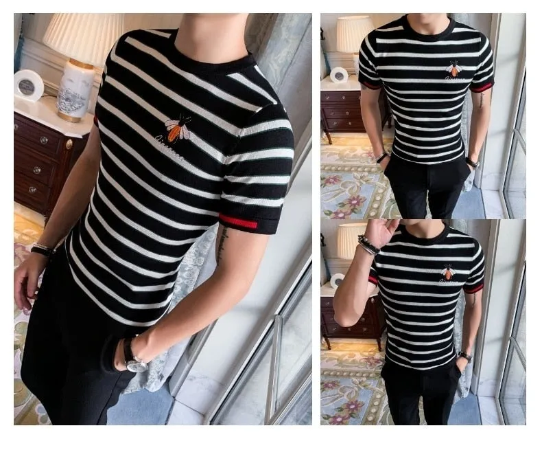 Men's Summer Knitted Striped Round Neck Slim Fit Streetwear T-Shirt