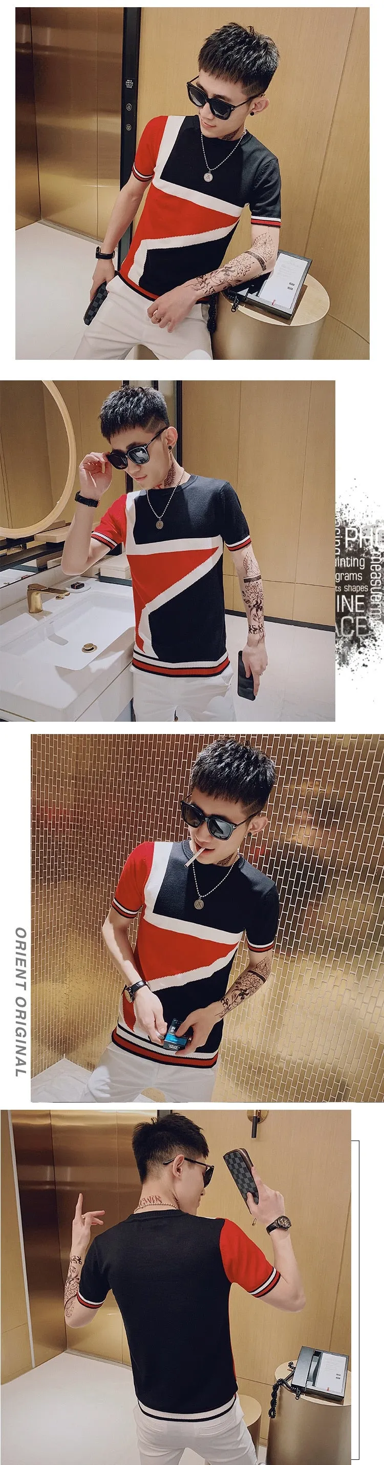 Men's Summer Slim Fit Knitted Patchworked Streetwear Fashion T-Shirts