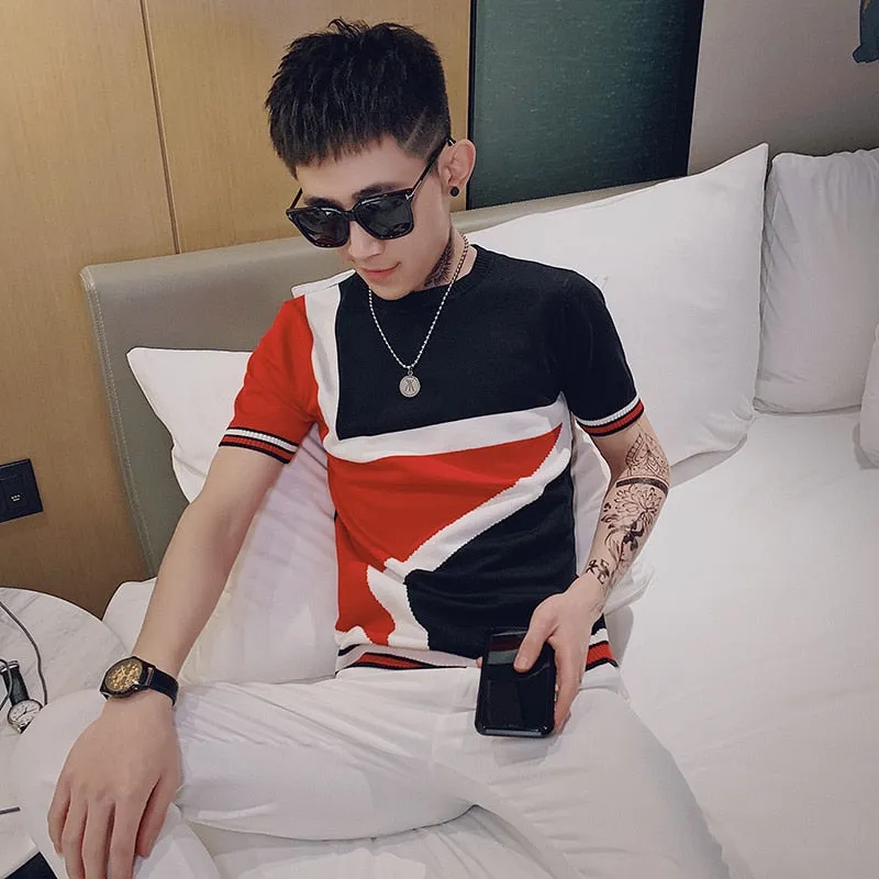 Men's Summer Slim Fit Knitted Patchworked Streetwear Fashion T-Shirts