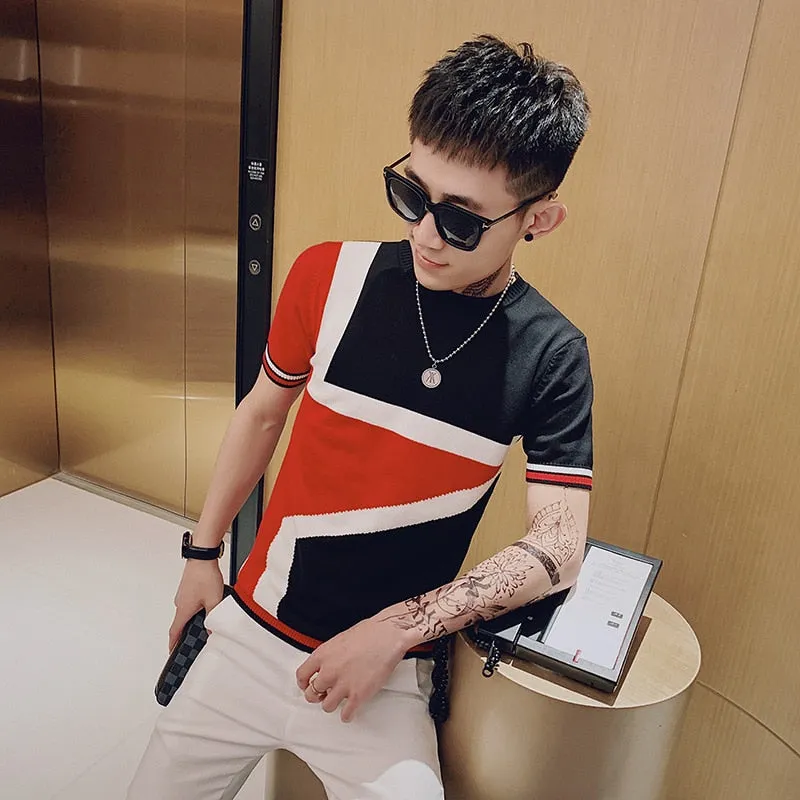 Men's Summer Slim Fit Knitted Patchworked Streetwear Fashion T-Shirts