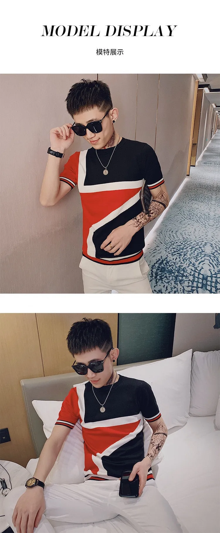 Men's Summer Slim Fit Knitted Patchworked Streetwear Fashion T-Shirts