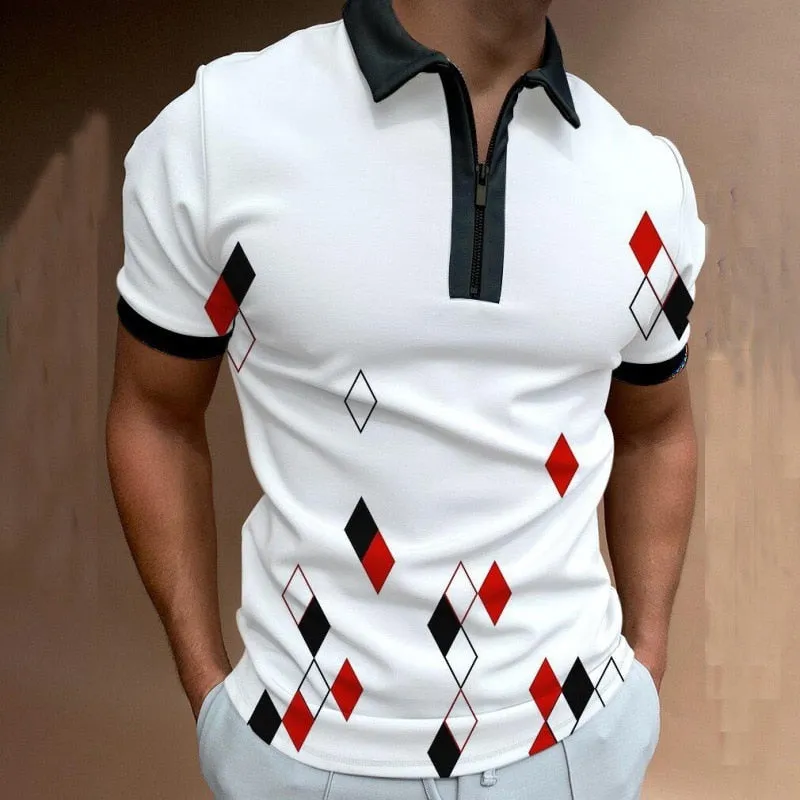 Men's White Vintage Streetwear Printed Short Sleeve Zipper Polo Shirt