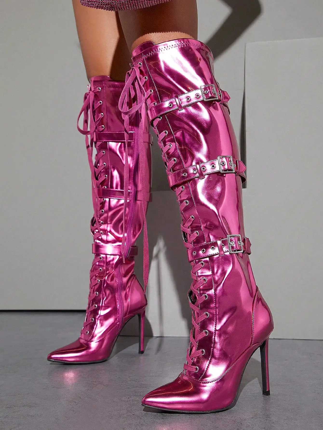 Metallic Faux Leather Knee High Boots