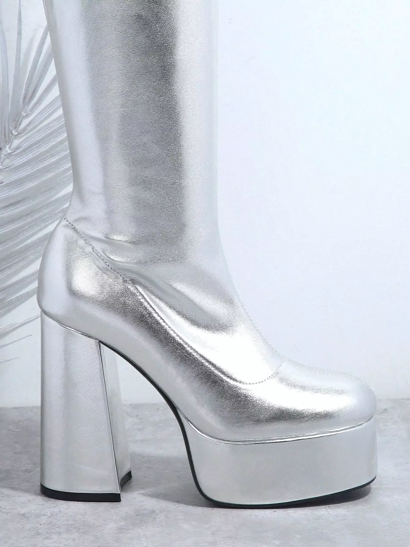 Metallic Faux Leather Thigh High Boots