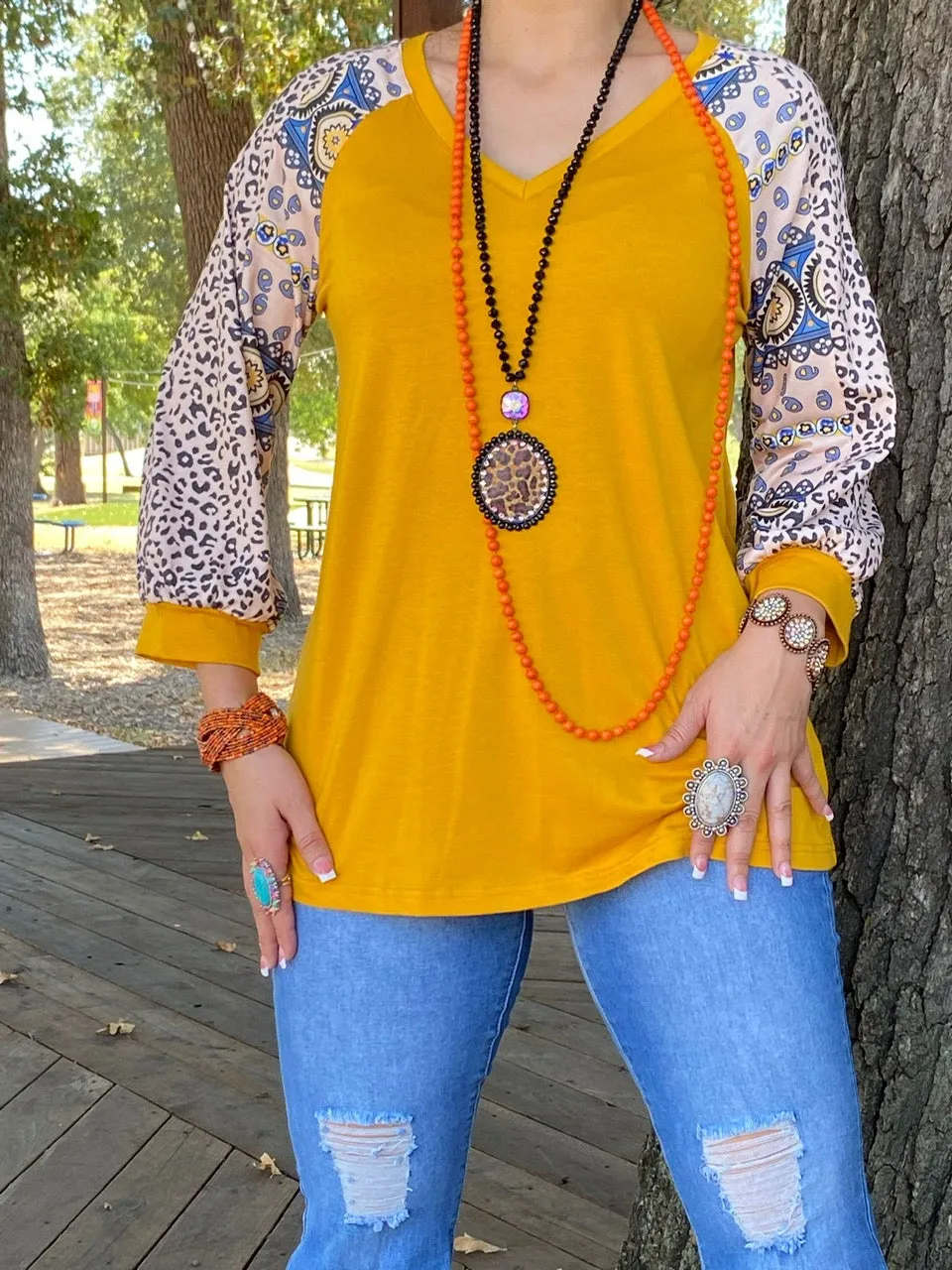 Mustard Top with Paisley and Leopard Sleeves