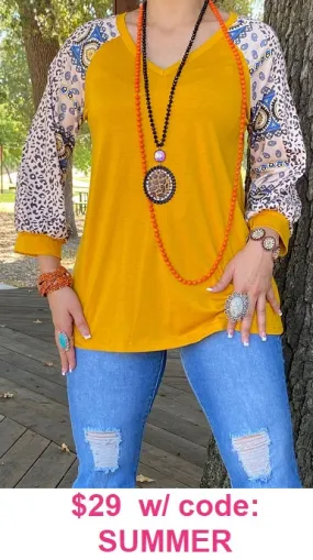 Mustard Top with Paisley and Leopard Sleeves