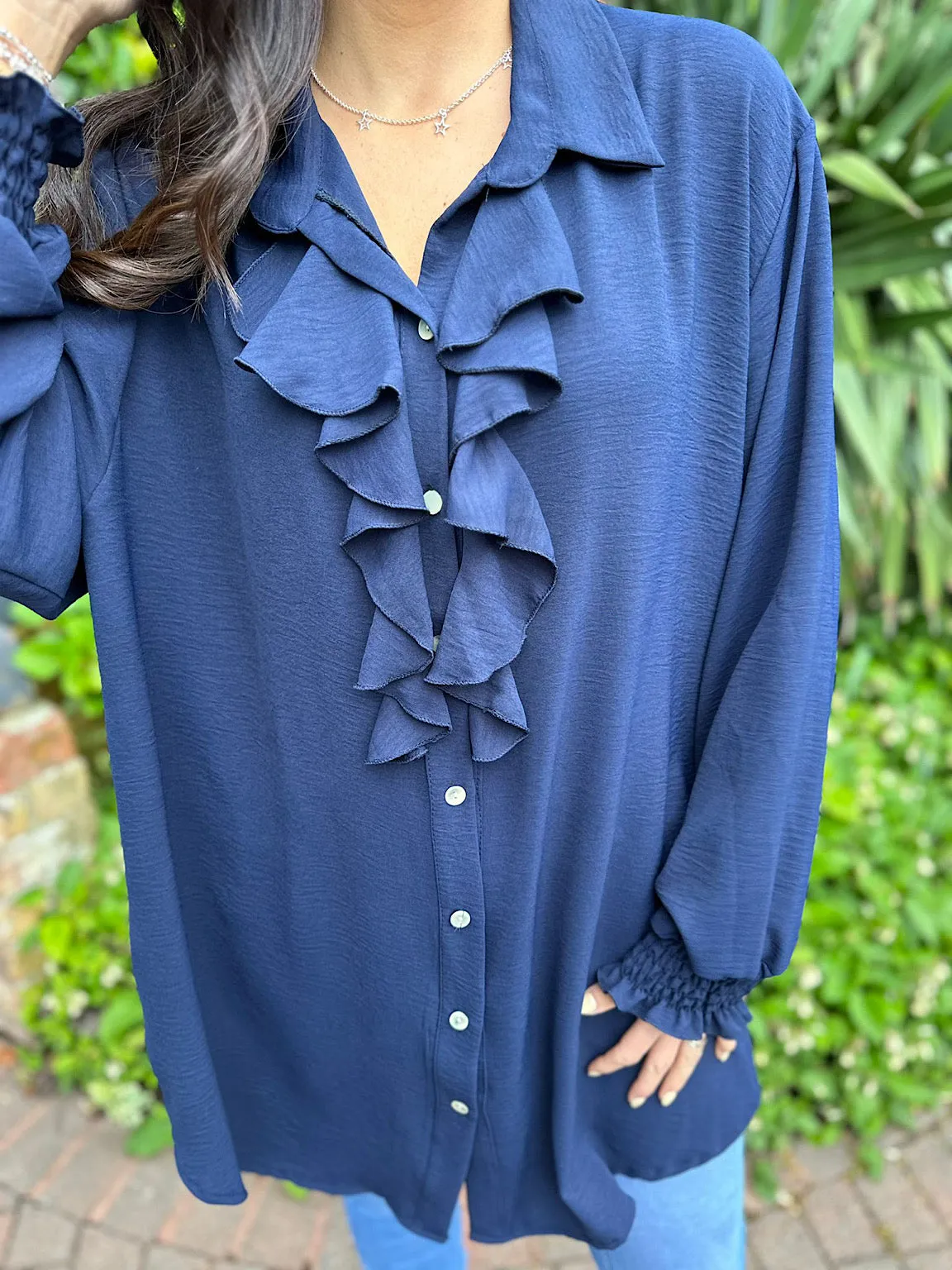 Navy Ruffle Front Blouse Annie