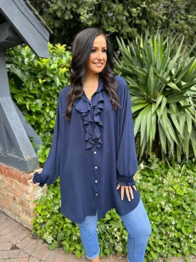 Navy Ruffle Front Blouse Annie