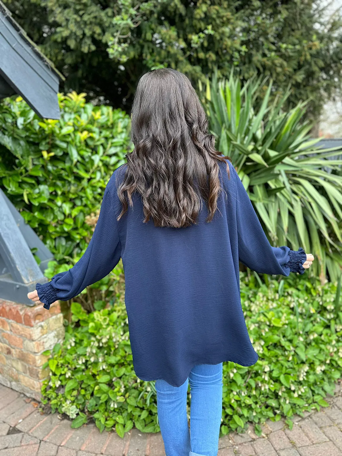 Navy Ruffle Front Blouse Annie