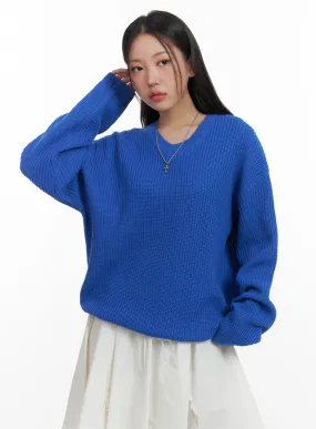 Oversized V-Neck Waffle Knit Sweater OA415