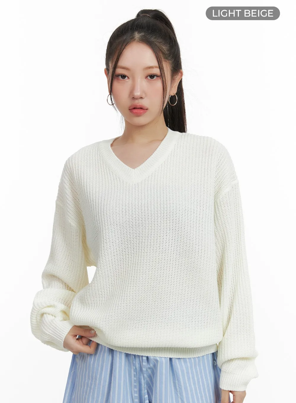 Oversized V-Neck Waffle Knit Sweater OA415