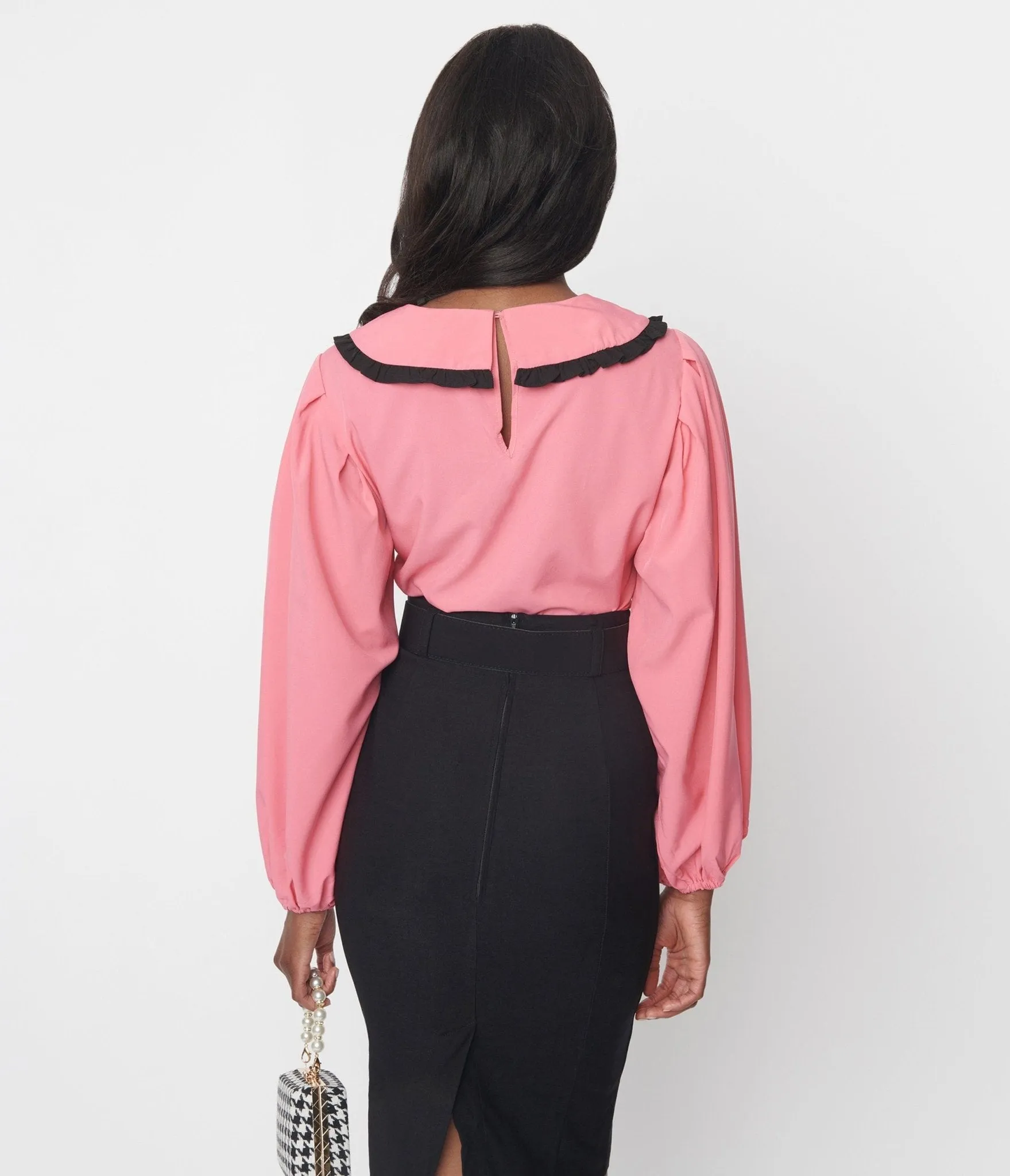 Pink & Black Ruffle Trim Long Sleeve Blouse