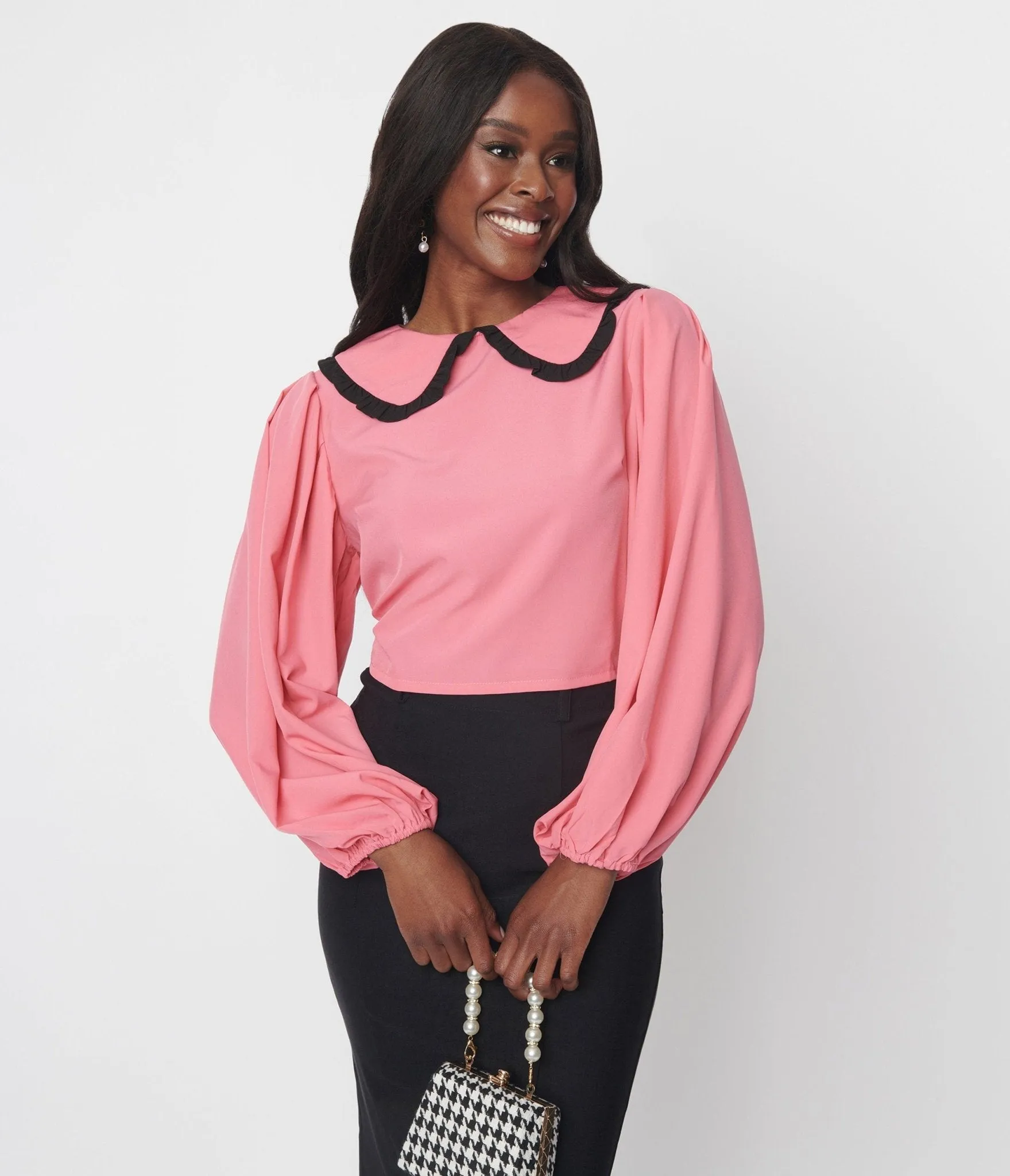 Pink & Black Ruffle Trim Long Sleeve Blouse