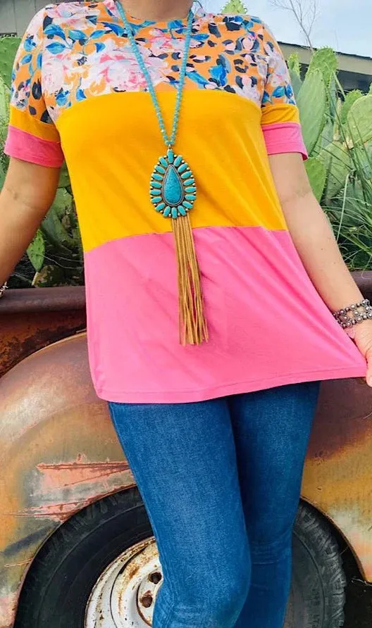 Pink & Yellow color block top with leopard & floral print