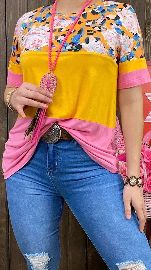 Pink & Yellow color block top with leopard & floral print