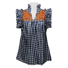 PRE-ORDER: UTSA/Auburn/Astros Navy Buffalo Check Gingham + Bright Orange Hummingbird Blouse (early August ship date)