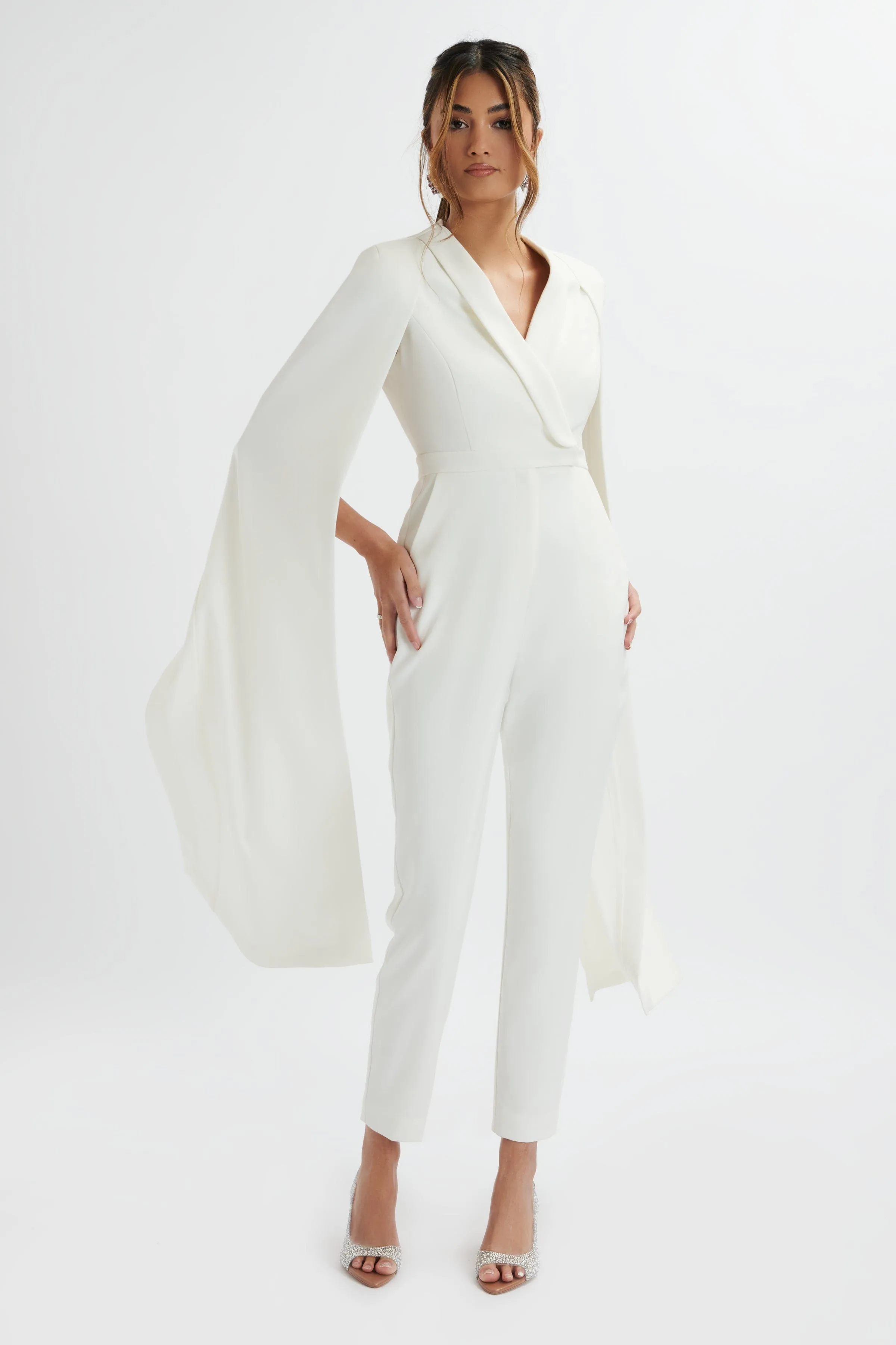 RAYNA Longline Cape Tailored Jumpsuit In White