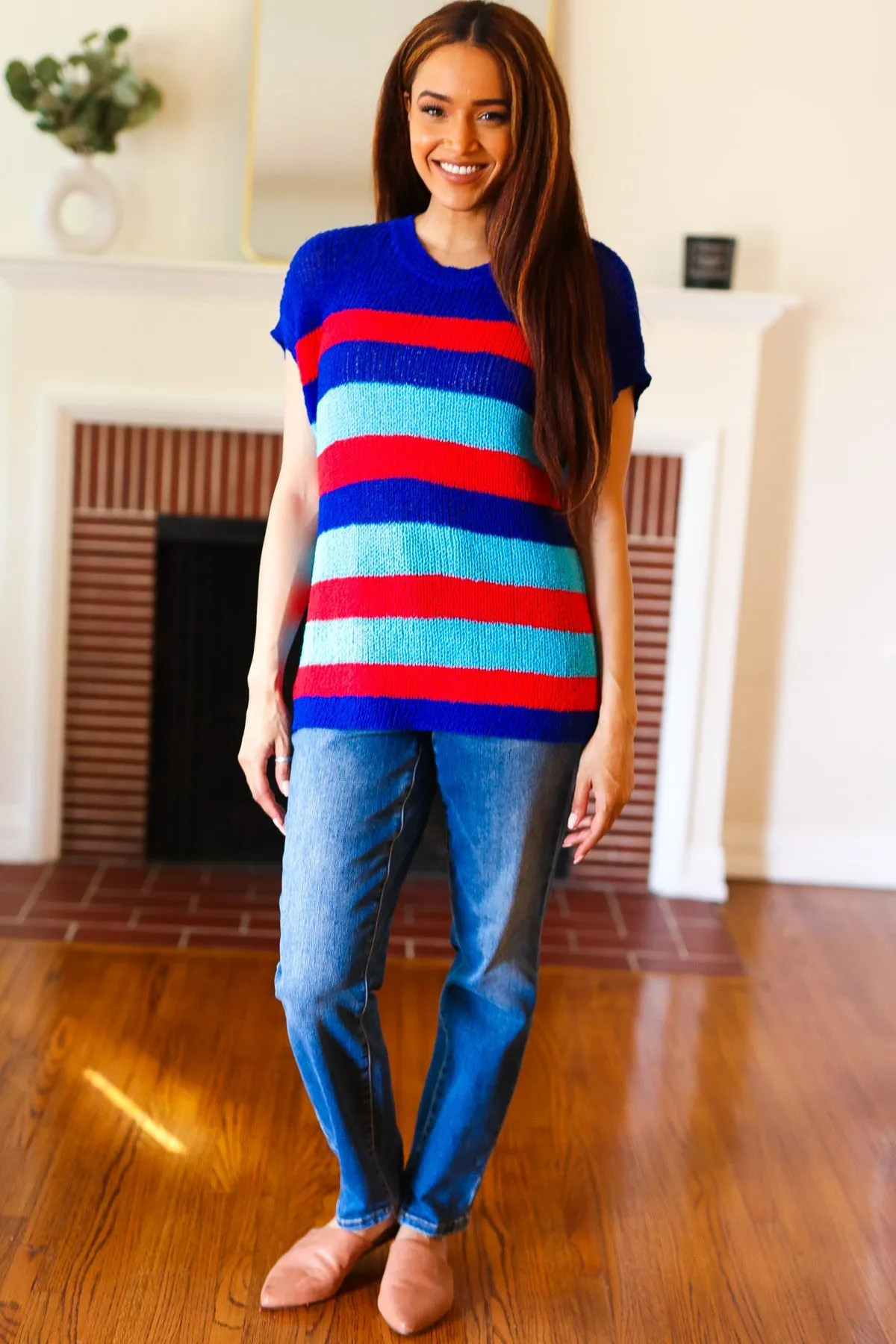 Royal Blue Stripe Short Sleeve Dolman Sweater