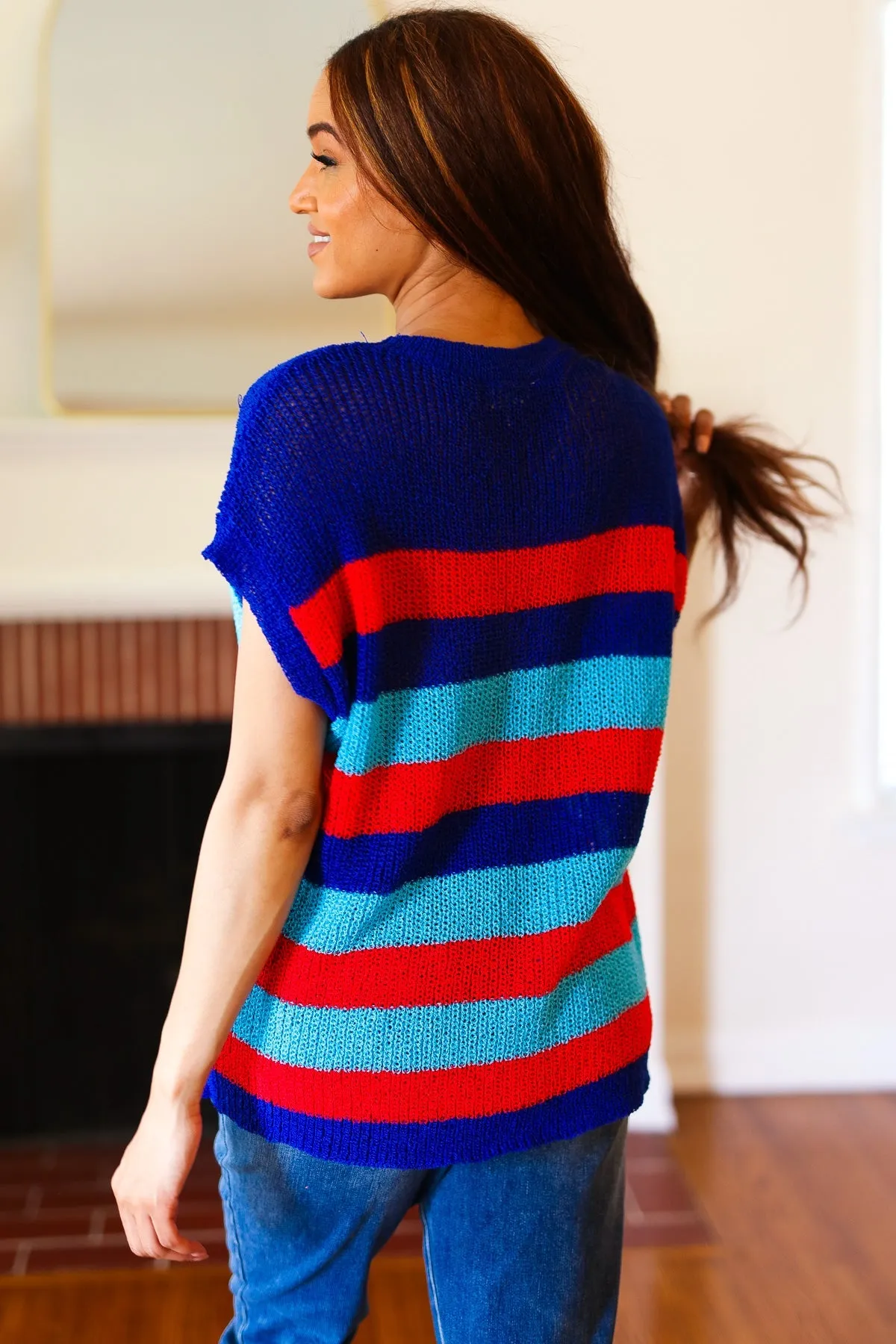 Royal Blue Stripe Short Sleeve Dolman Sweater