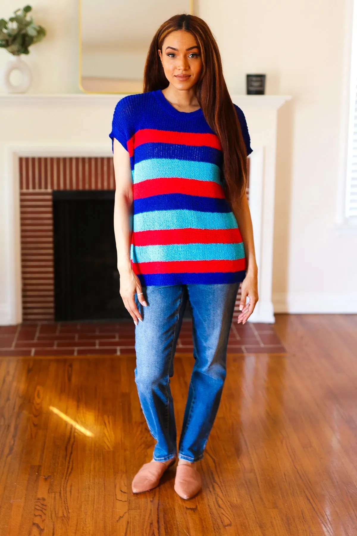 Royal Blue Stripe Short Sleeve Dolman Sweater