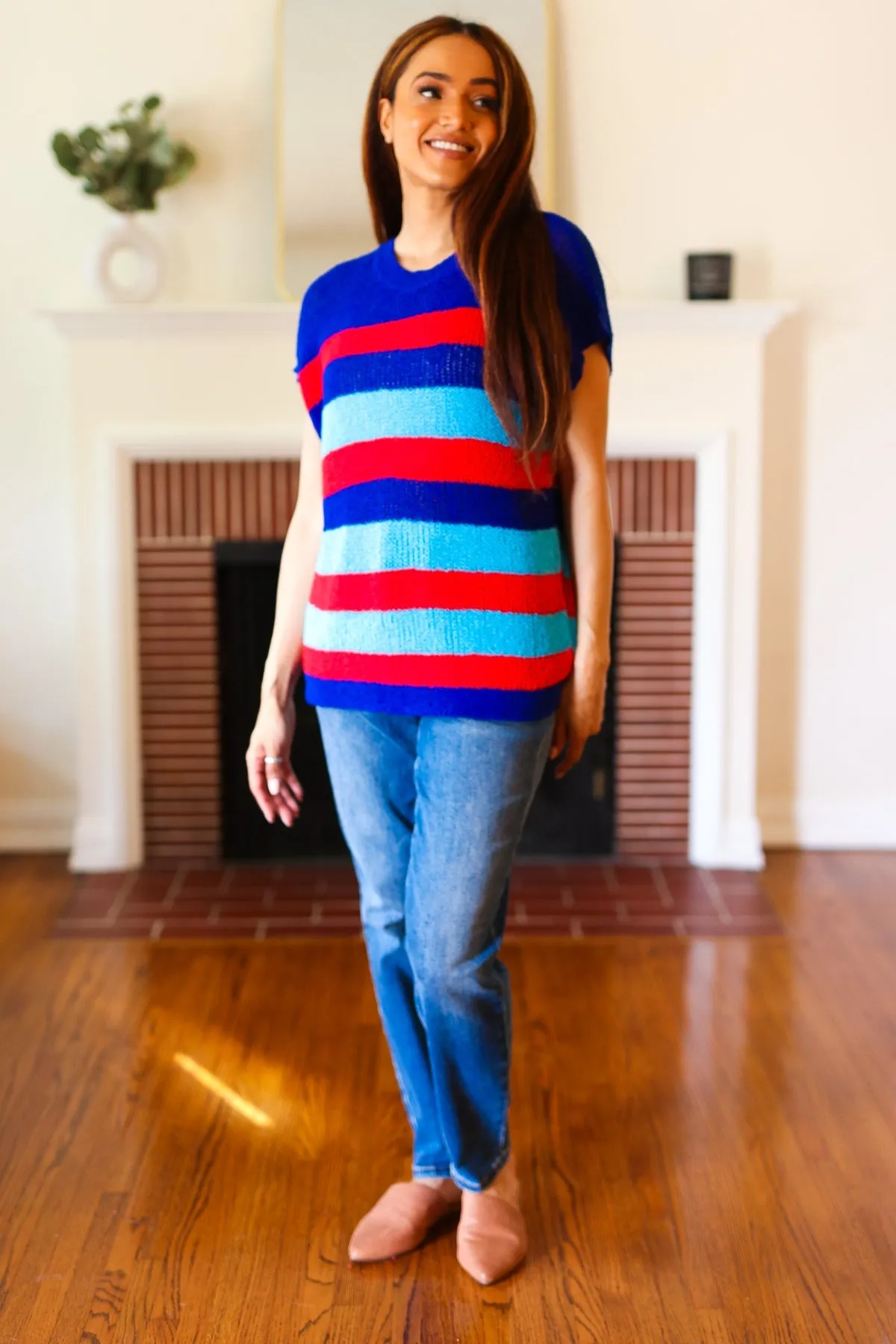 Royal Blue Stripe Short Sleeve Dolman Sweater