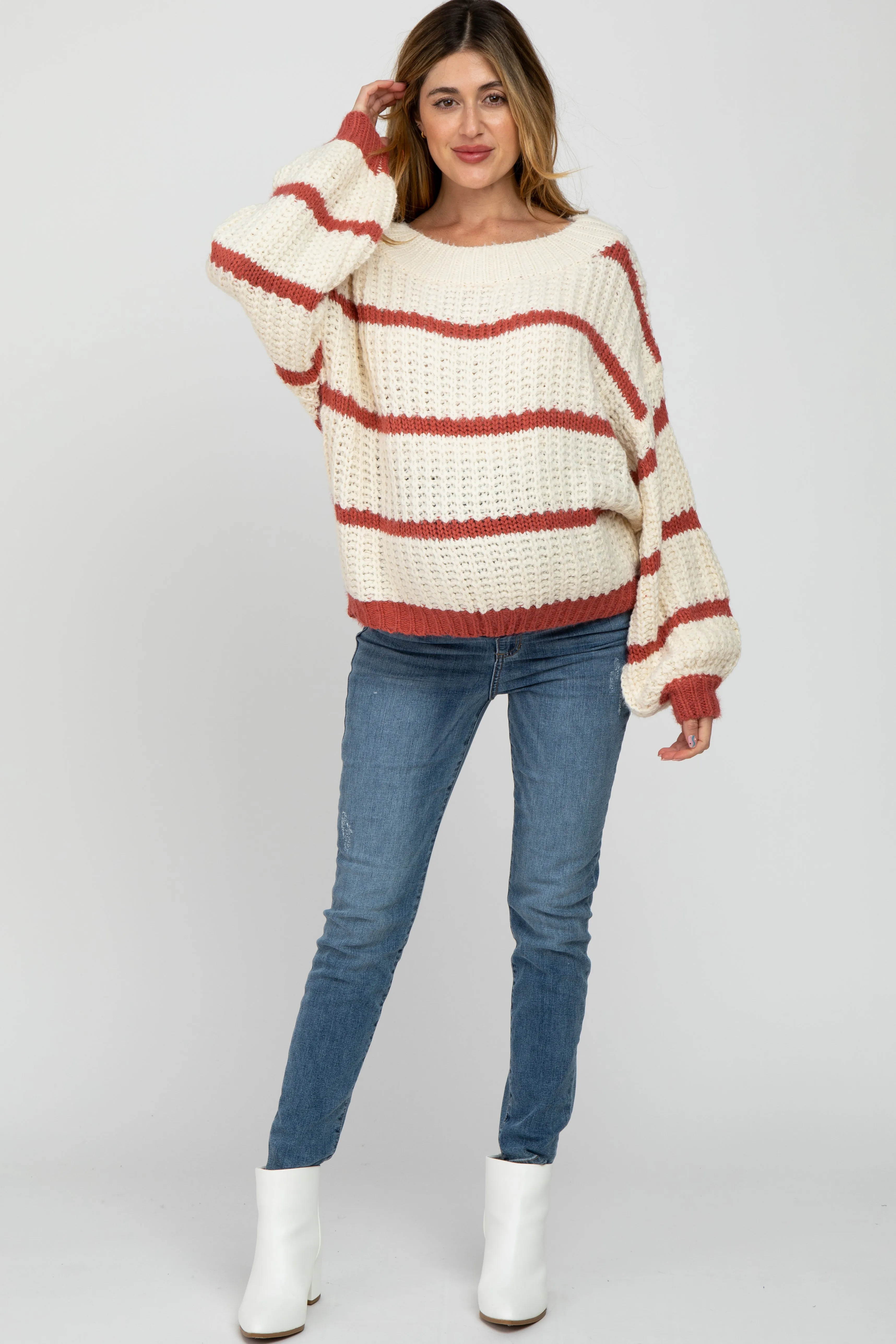 Rust Cream Striped Chunky Knit Maternity Sweater