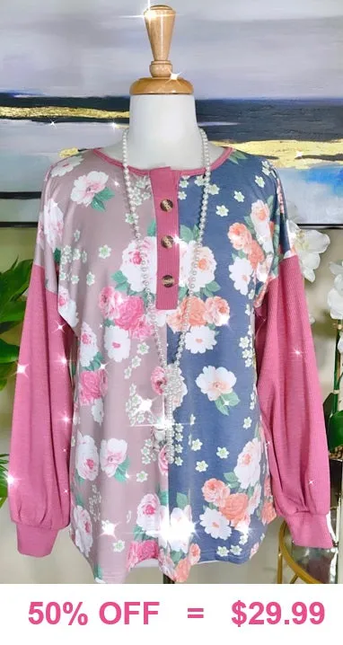 S, M, L* Half Floral, button front, pink long sleeve top comfy soft fabric.