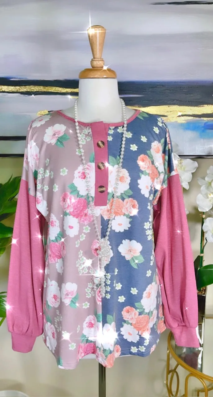 S, M, L* Half Floral, button front, pink long sleeve top comfy soft fabric.