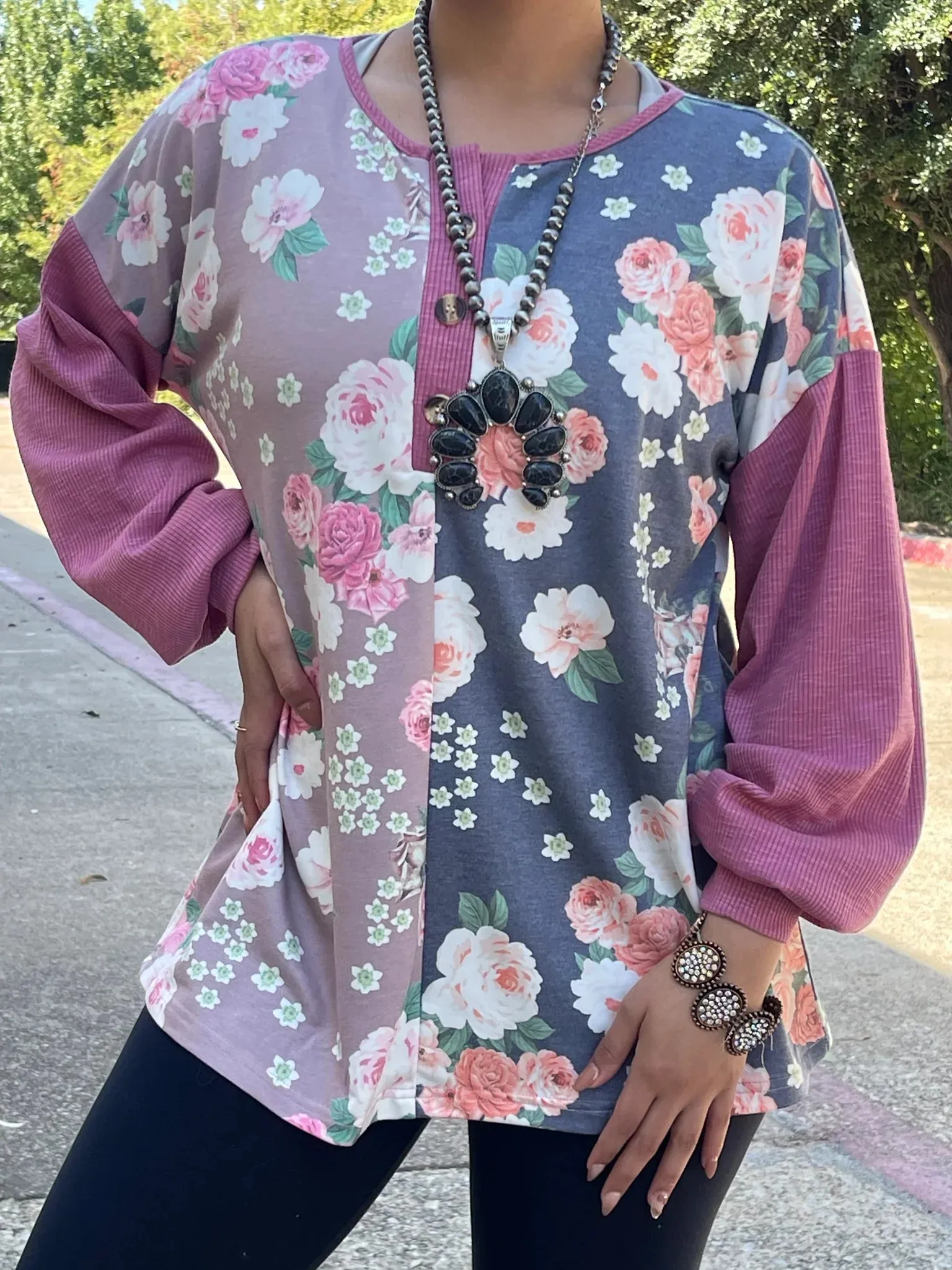 S, M, L* Half Floral, button front, pink long sleeve top comfy soft fabric.