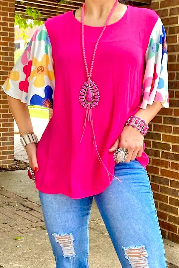 S, M, L Pink Top with White Flower Print Bell Sleeves