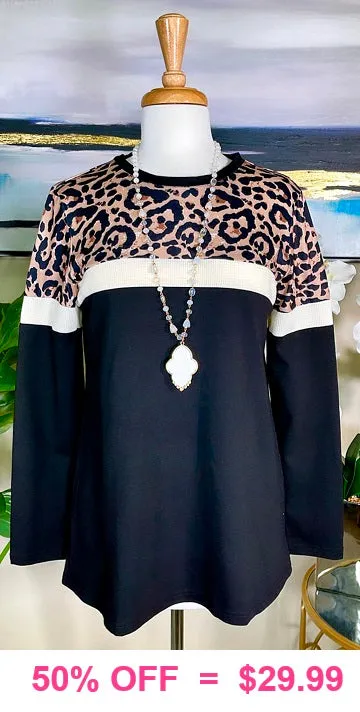 S, M,  L,3X..Leopard, Cream, Black long sleeve top