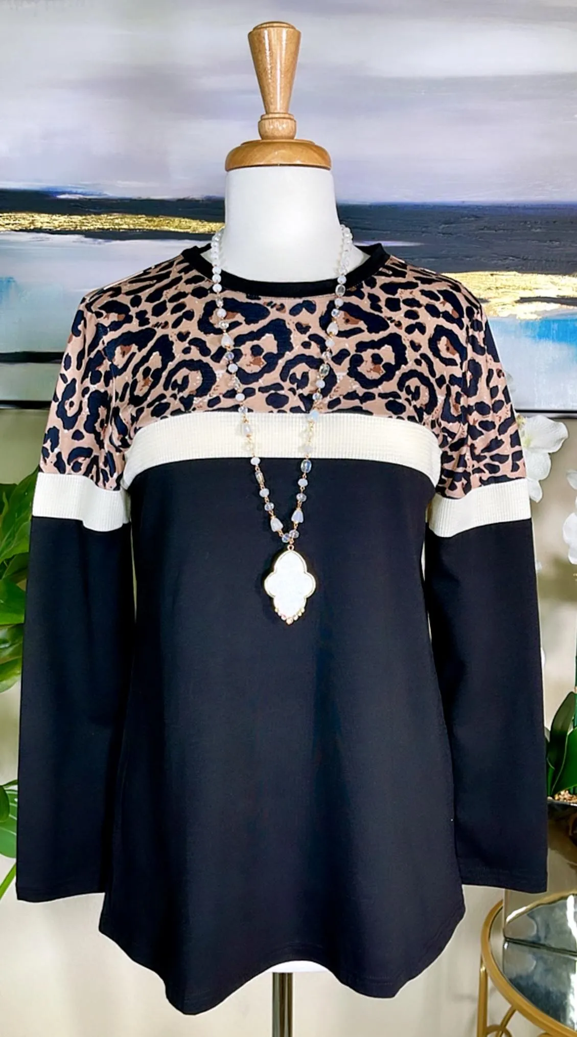 S, M,  L,3X..Leopard, Cream, Black long sleeve top