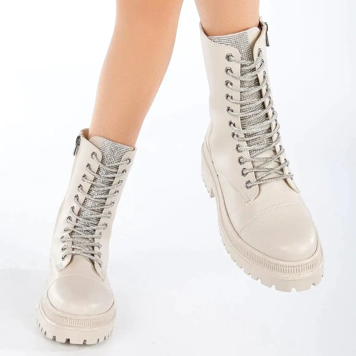 Selene Vegan Leather Glitter Lace Up Combat Boots | Beige