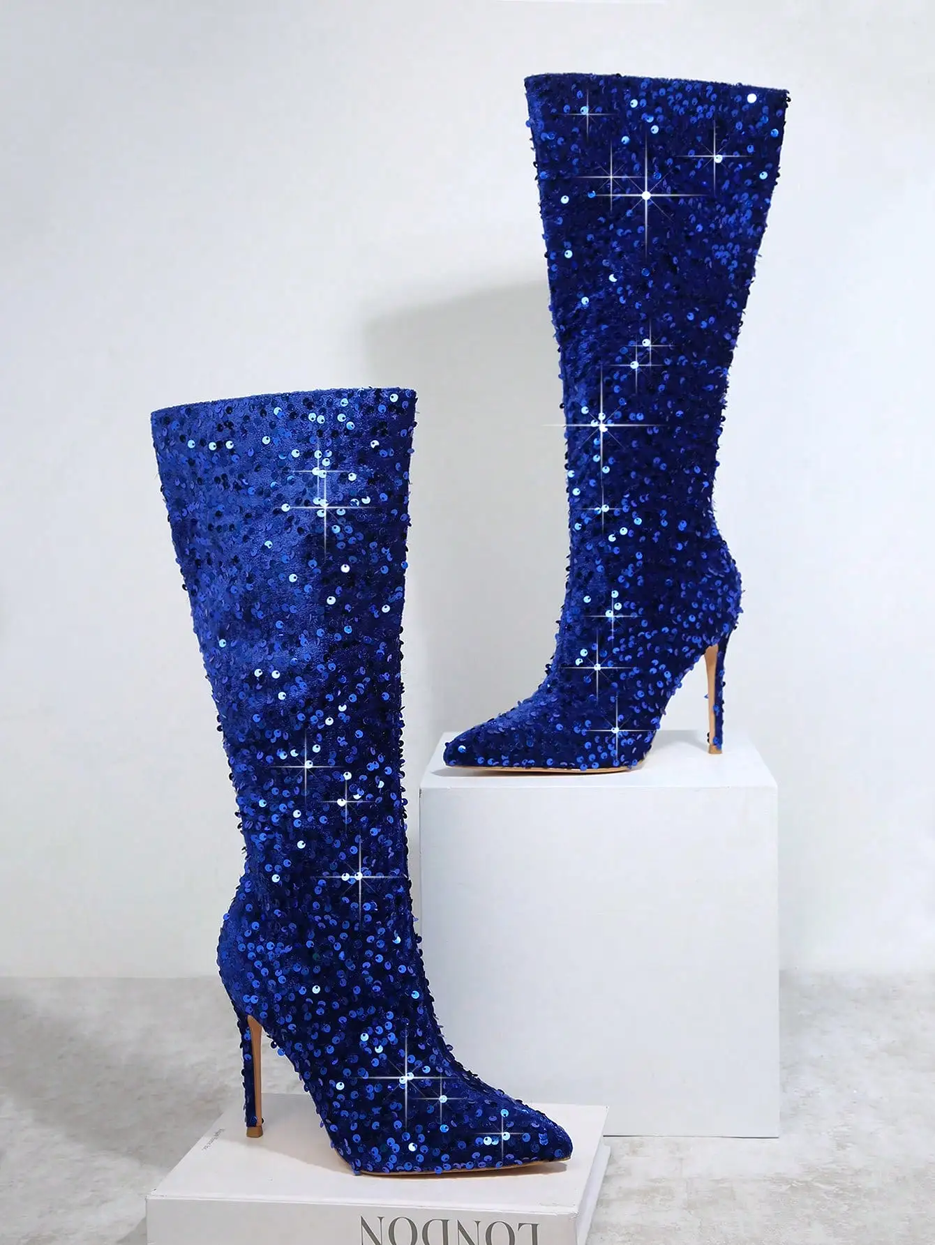 Sequin Overlay Knee High Boots