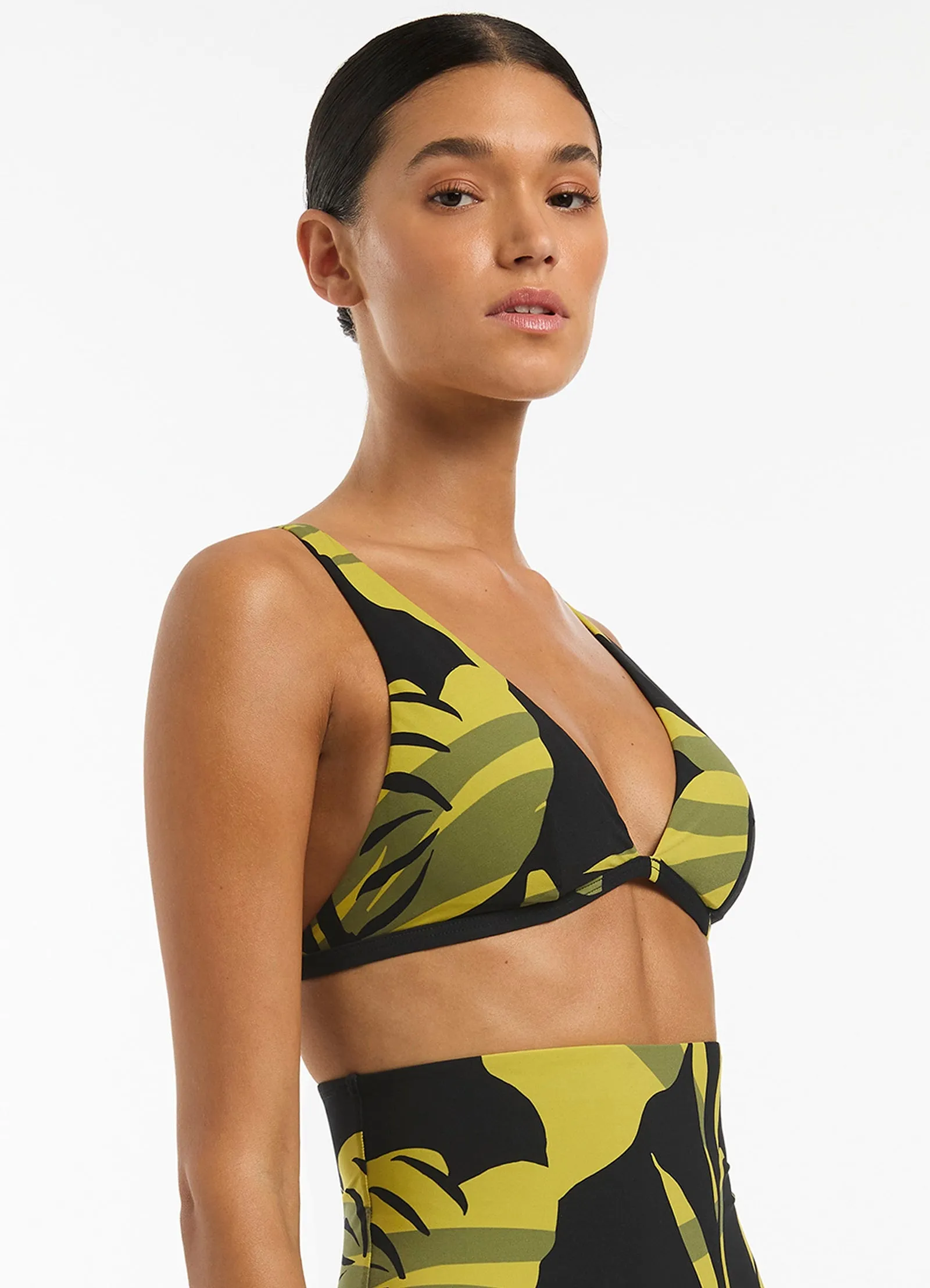 Shadow Palm Longline Triangle Bikini Top - Black