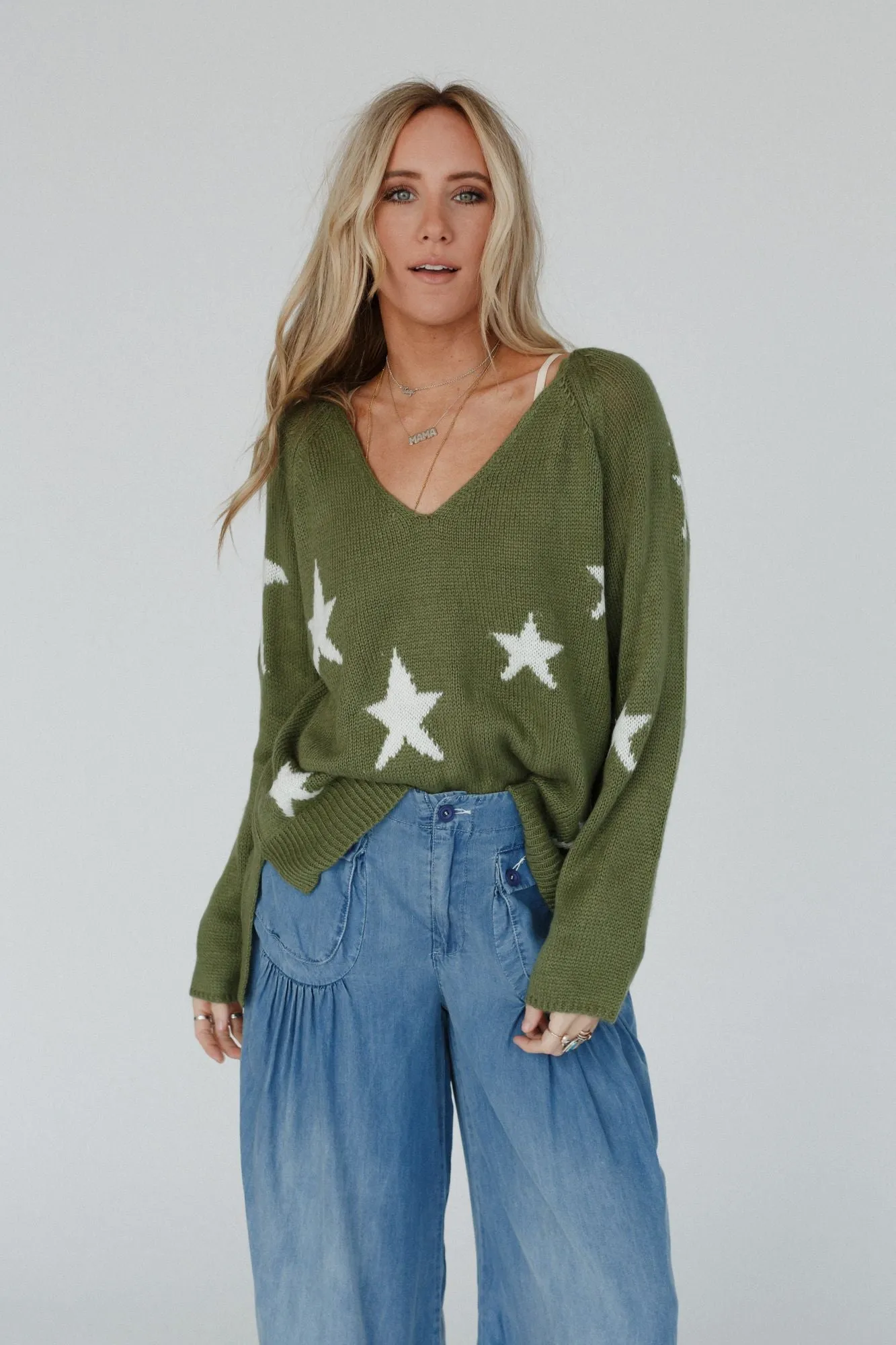 Shining Nights Starry V Neck Sweater - Green