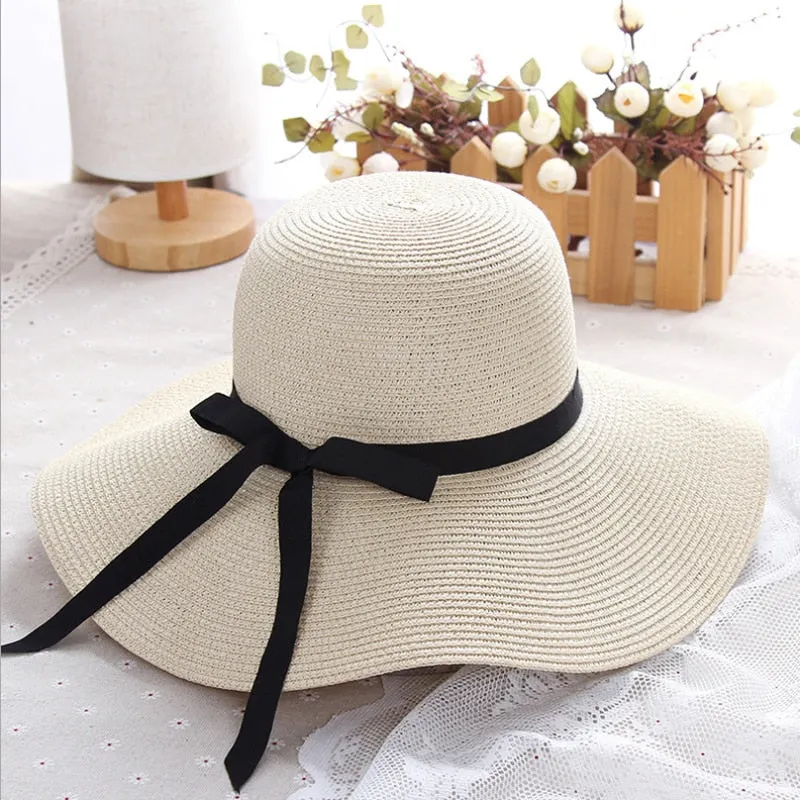 simple Foldable Wide Brim Floppy Girls Straw Hat Sun Hat Beach Women Summer Hat UV Protect Travel Cap Lady Cap Female