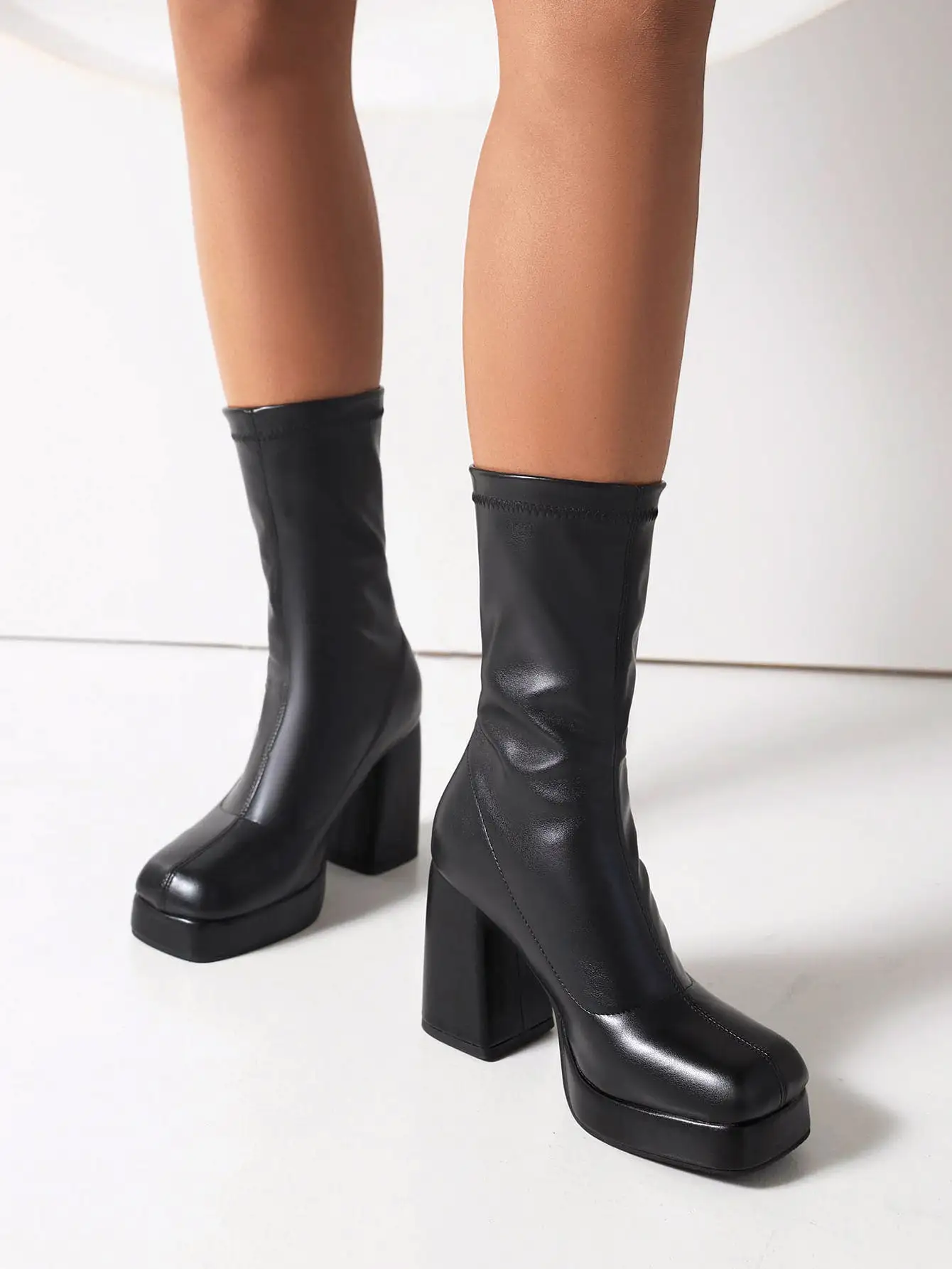 Square Toe Chunky Heeled Sock Boots