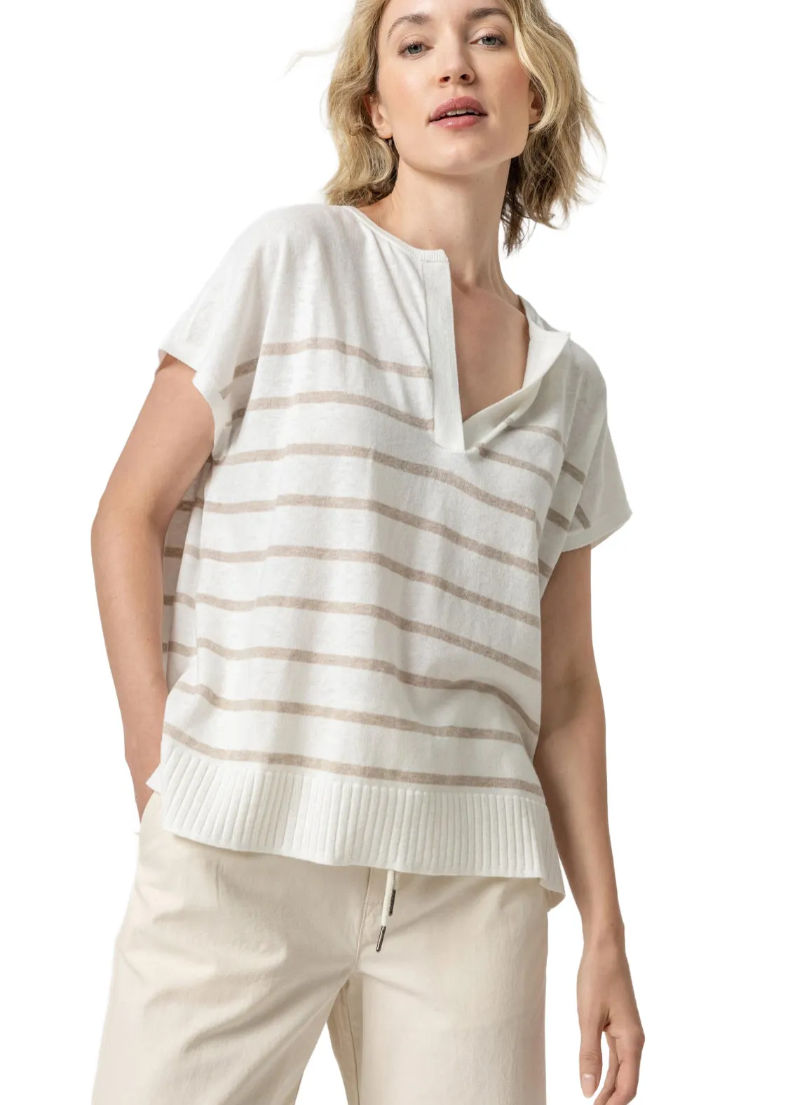 Striped Split Neck Tunic Sweater- Linen Stripe