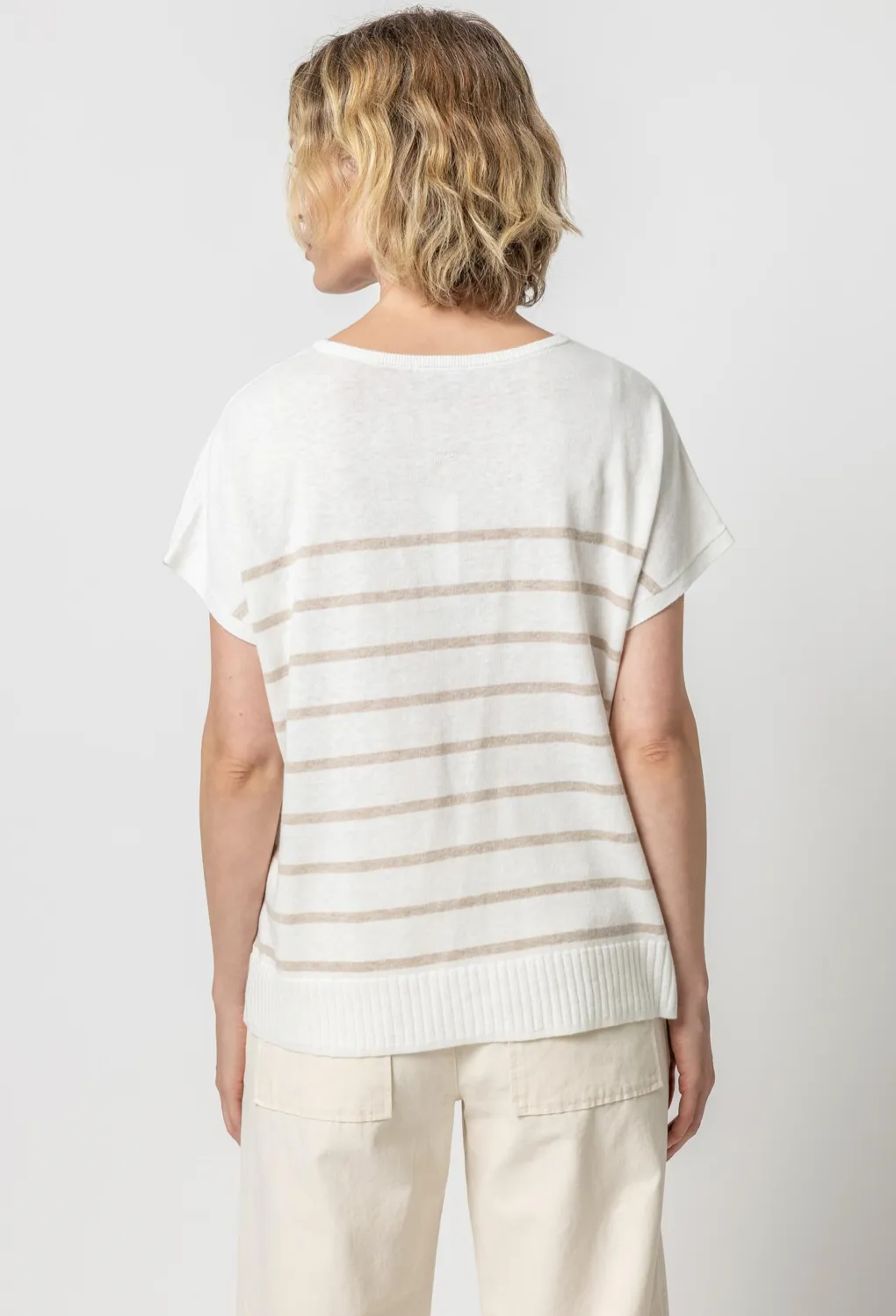 Striped Split Neck Tunic Sweater- Linen Stripe