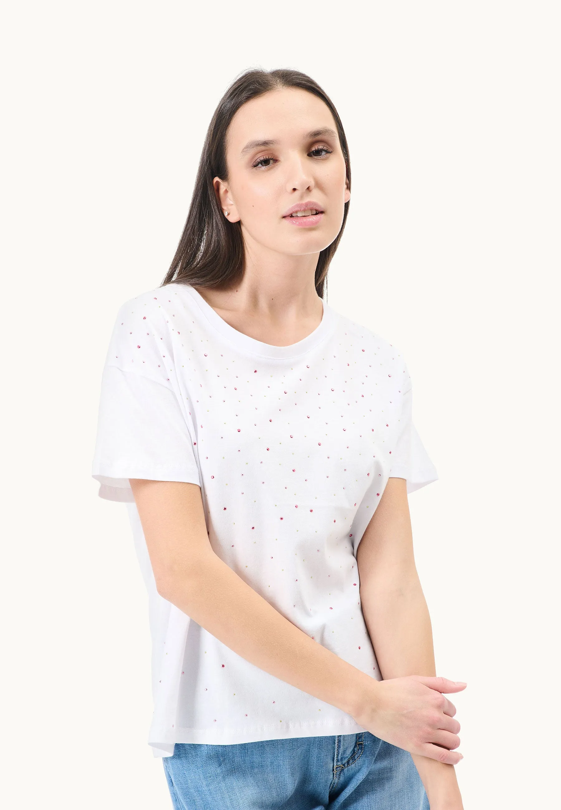 T-shirt con strass multicolor