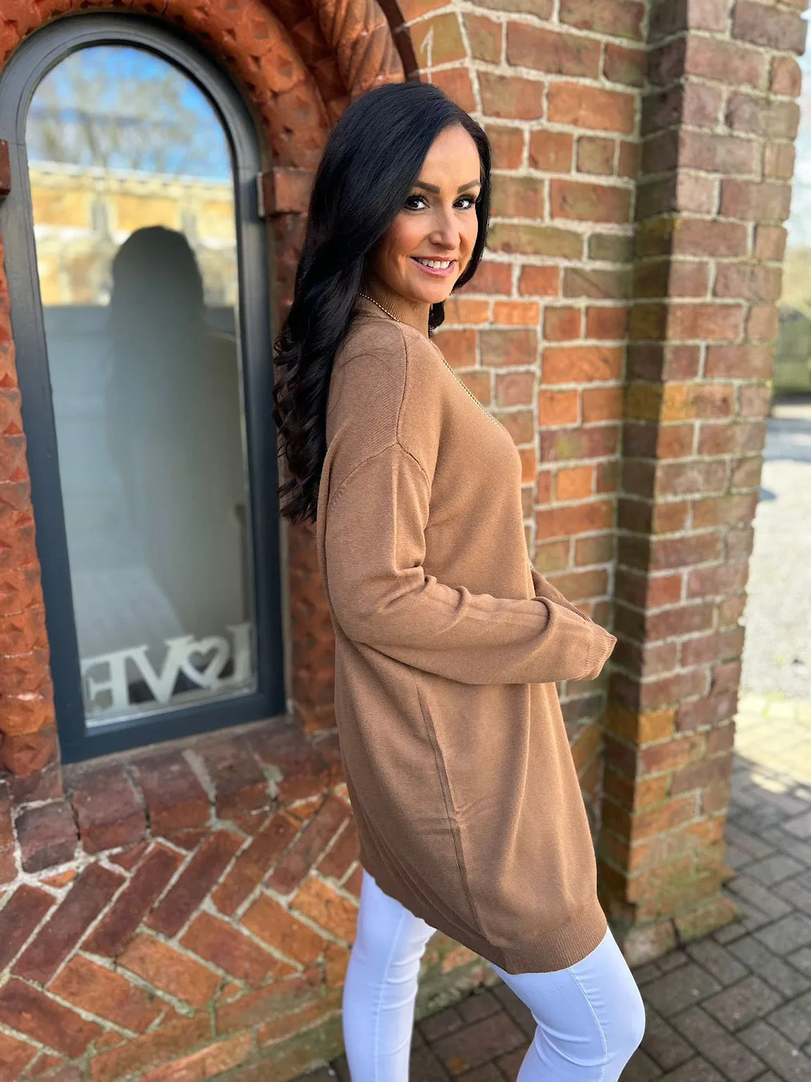 Tan Longline High Neck Knit Olivia