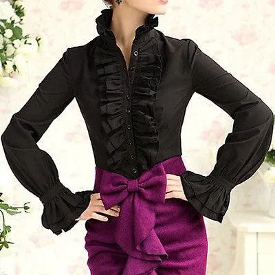 Victorian High Neck Flounce Blouse - Frilly Ruffle Cuffs and Elegant Design