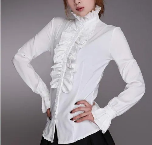 Victorian High Neck Flounce Blouse - Frilly Ruffle Cuffs and Elegant Design